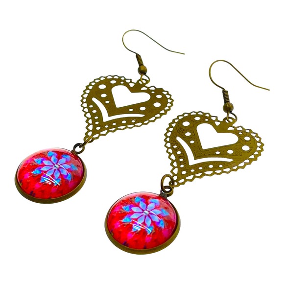 Cherry Red Fancy Heart Dangle Earrings - Picture 3 of 7